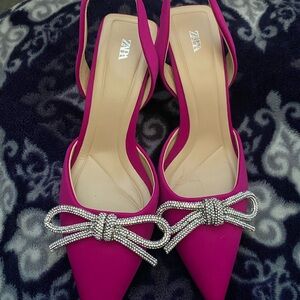 Zara Fuchsia Slingback Heels with Rhinestone Bow